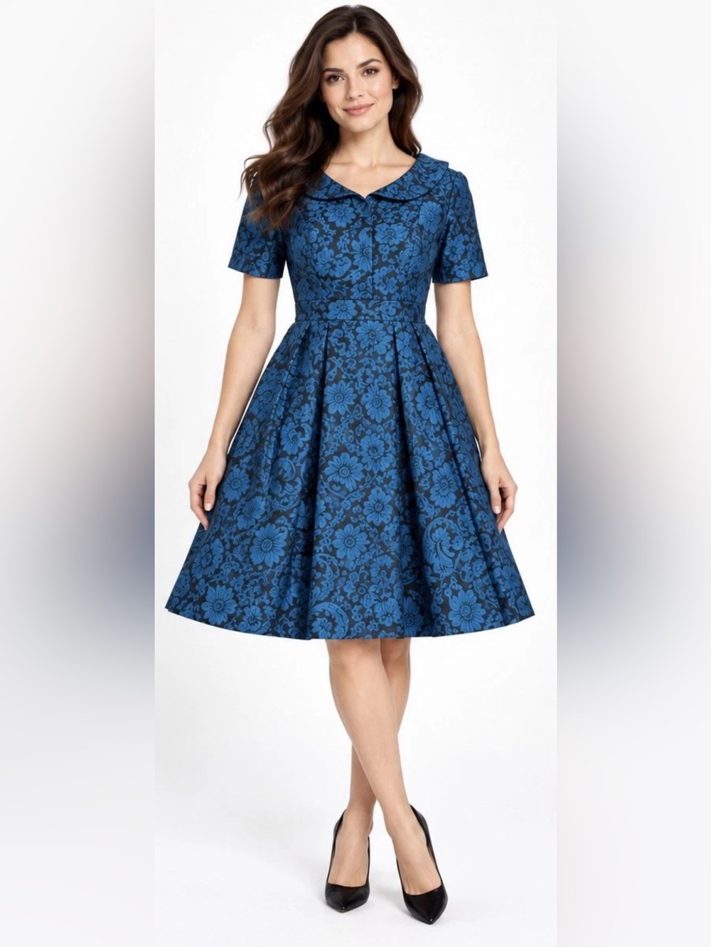 Bigio Collection Blue Black Floral Jacquard Fit Flare Cocktail Dress 2 Made USA